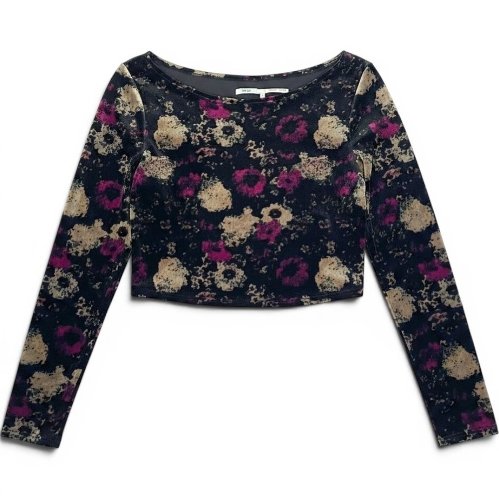 Kimchi Blue Velvet Floral Crop Top Long Sleeve Black Burgundy Scoop Neck S